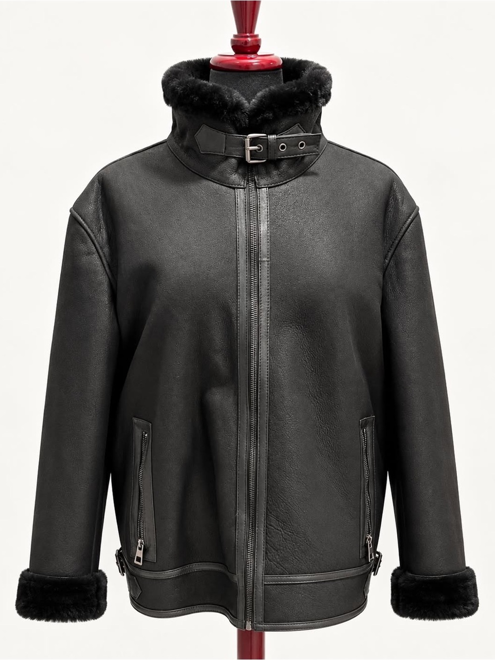 Women’s Black Genuine Shearling Leather Jacket Fur Collar Zip Up Coat M